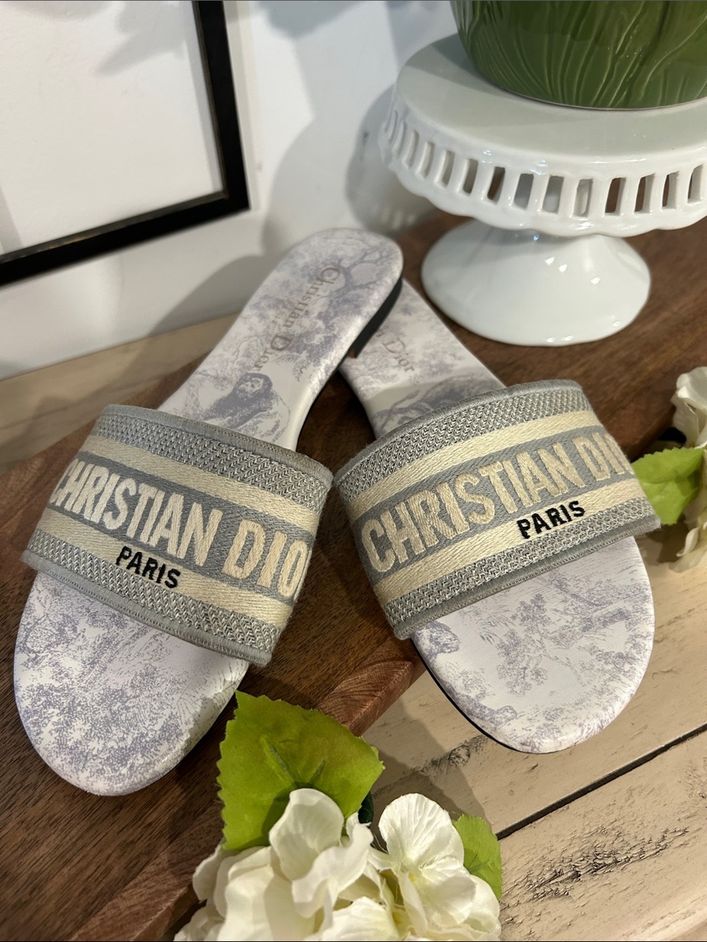 Dior Gray Toile Embroidered Logo Slide Sandals
